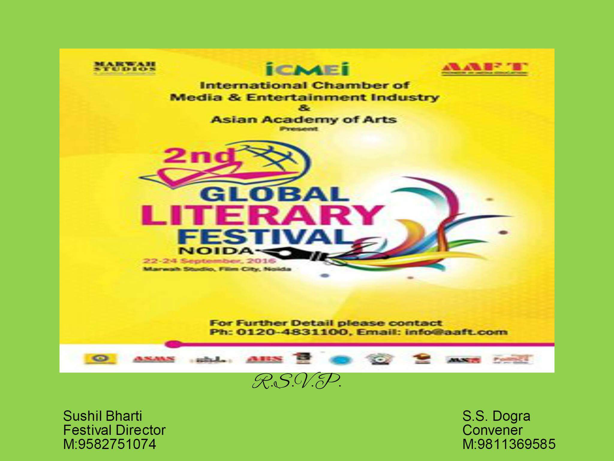 The 2nd Global Literary Festival from 22 to 24th of Sept 2016 at Film City, Noida