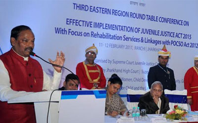       Consultation will focus on rehabilitation services and linkages with POCSO Act 2012   RANCHI, 11 February 2017 – The third Eastern Region Round Table Conferences on effective implementation of Juvenile Justice Act 2015 was inaugurated by Mr. Raghubar Das, Hon’ble Chief Minister of Jharkhand in BNR Chanakya BNR here today. The conference is being organized by the Supreme Court Juvenile Justice Committee in partnership with Department of Women, Child Development & Social Security with UNICEF support and is hosted by the Jharkhand High Court. The conferences seeks to promote learnings from across States and to develop strategies for effective implementation of the JJ Act in India. The states participating in this two day conference are Orissa, Chattisgarh, West Bengal, Bihar, Jharkhand& Andaman and Nicobar. In August 2013, a one person Committee headed by Hon’ble Mr. Justice Madan B Lokur was set up to ensure the effective implementation of the Juvenile Justice (Care and Protection of Children) Act, 2000. During a review meeting with state level JJ Committees of the Hon’ble High Courts on 22 February 2014 it was suggested that Regional Round Table Conferences of the High Court Committees should be organized regularly to enable dialogue and collective action towards more effective implementation of the JJ Act 2000. These Regional Round Table Conferences are the first of its kind in the country and was referred to as a ‘breakthrough moment for India’. It provides an opportunity for multiple stakeholders from participating States to share their experiences and to ensure that speedy justice to children becomes a reality for all children in India. Hon’ble Mr. Justice Madan B Lokur, Judge, Supreme Court of India said, “The objective of this Third Regional Round Table Conference in Ranchi is to take stock of the progress made on the key recommendations from the previous two conferences; focus on the non-institutional mechanisms for rehabilitation and restoration of children; and deliberate on the linkages with other child right legislations especially the protection of Children from Sexual Offences Act 2012.” He said, “The rehabilitation, restoration and counselling services for children in need of care and protection is extremely important. Alternate care methods; special courts for vulnerable witnesses; effective utilization of finances; social audits are the need of the hour and will be deliberated on in this two day conference.”  Hon’ble Mr. Justice D N Patel, Judge, High Court of Jharkhand & Executive Chairman, JHALSA said, ““This is an important forum to bring together the judiciary, executive and all stakeholders on a common platform to review the plan of action and develop the way forward for effective implementation of the JJ Act.” Mr. Raghubar Das, Hon’ble Chief Minister of Jharkhand said, “The Government of Jharkhand is committed to the effective implementation of the JJ Act 2015. A few steps taken in this direction are the establishment of video conference facilities in 13 JJ Boards with another coming up soon in Hazaribagh; model Children’s Homes in Ranchi and Jamshedpur; shelter home for girls is Deoghar; and two more in Ranchi and Gumla for children in need of care and protection to provide them with education and vocational skills.” He added, “The child is an embodiment of God and a child’s survival, development and protection is our responsibility. The government is planning to set up the Bal Garib Samriddhi Yojana Fund with the contribution of all members of society and the Government.”  Ms Rajbala Verma, Chief Secretary, GoJ said, “Juvenile delinquency exists is all societies and is a complex problem. The reasons for it are varied such as poverty, broken homes, rural-urban migration, etc. In such a scenario prevention is important. There is a need to create awareness about punitive measures, timely help through education, skilling and empowerment opportunities; as well as sensitive handling and building of knowledge and relevant skills. The state government has launched various welfare schemes; ensured timely trials to avoid harassment of victims; and organized orientation training for professionals and law enforcement agencies.” Mr. Javier Aguilar, Chief of Child Protection, UNICEF India said, "The ingredients for the successful implementation of the JJ Act 2015 are a credible system; adequate capacities and resources whether human or financial; tracking of budgetary expenditure; and a strengthened and accountable system." Dr. Madhulika Jonathan, Chief UNICEF Jharkhand said, “UNICEF is collaborating with the Judiciary, Department of Women, Child Development and Social Security and the police in its efforts to build adequate structures and systems for the effective implementation of the Juvenile Justice Act at state level. Todays’ consultation is very crucial as it will help develop strategies for effective implementation of the Juvenile Justice Act across the country for speedy justice to children and remove bottlenecks in mission mode for a safe and secure childhood for the most vulnerable children of our country.” She said, “There are five key asks for children - creation of a JJ fund at the state level to facilitate implementation of the provisions in the JJ Act; set up ‘special courts’ in the states with child friendly infrastructure as envisaged in the POCSO Act 2012; provision of alternate care mechanisms for children as in foster care and sponsorship; trained human resources in the ICPS; & creation of a social policing cadre in the state for effective investigation and support to women and children who are victims of crime.” The consultation was attended by the Supreme Court Committee; officials from the Ministry &Departments of Women and Child Development from the participating states, officials from other government departments, representatives from the SCPCRs/NCPCR; members of the High Court Committees of States in the zone; select Sessions/POCSO Court Judges; representatives from the Police; Directors of State Judicial Academy; Member Secretary of State Legal Services Authority; members of CWC/JJB; civil society, academicians working on the issue and officers from State Child Protection Unit.
