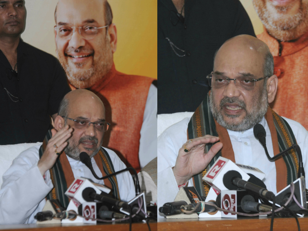 BJP National President Amit Shah addresses a press conference at BJP state head quarter